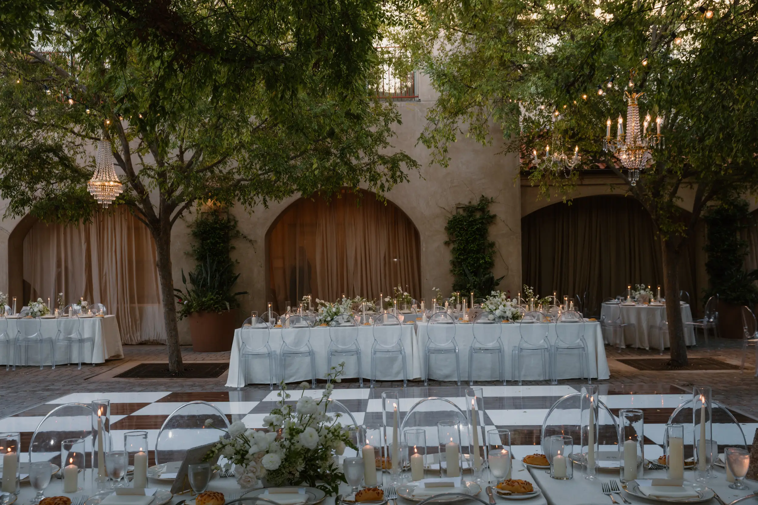 Spanish style wedding venue with outdoor wedding reception.
