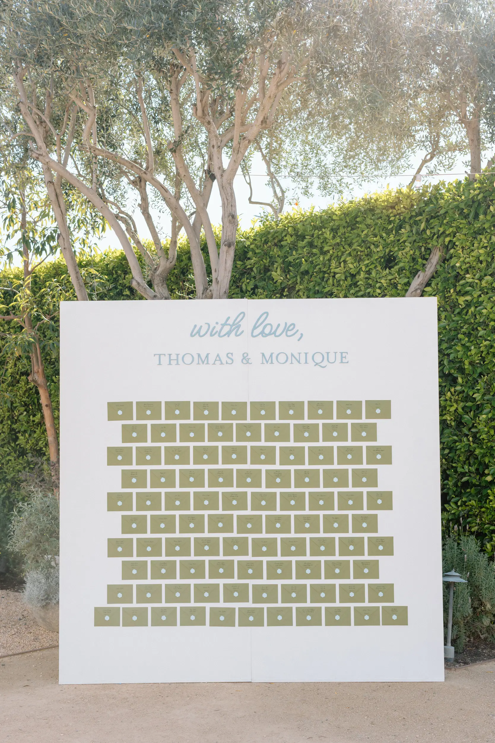 Modern wedding seating chart display.