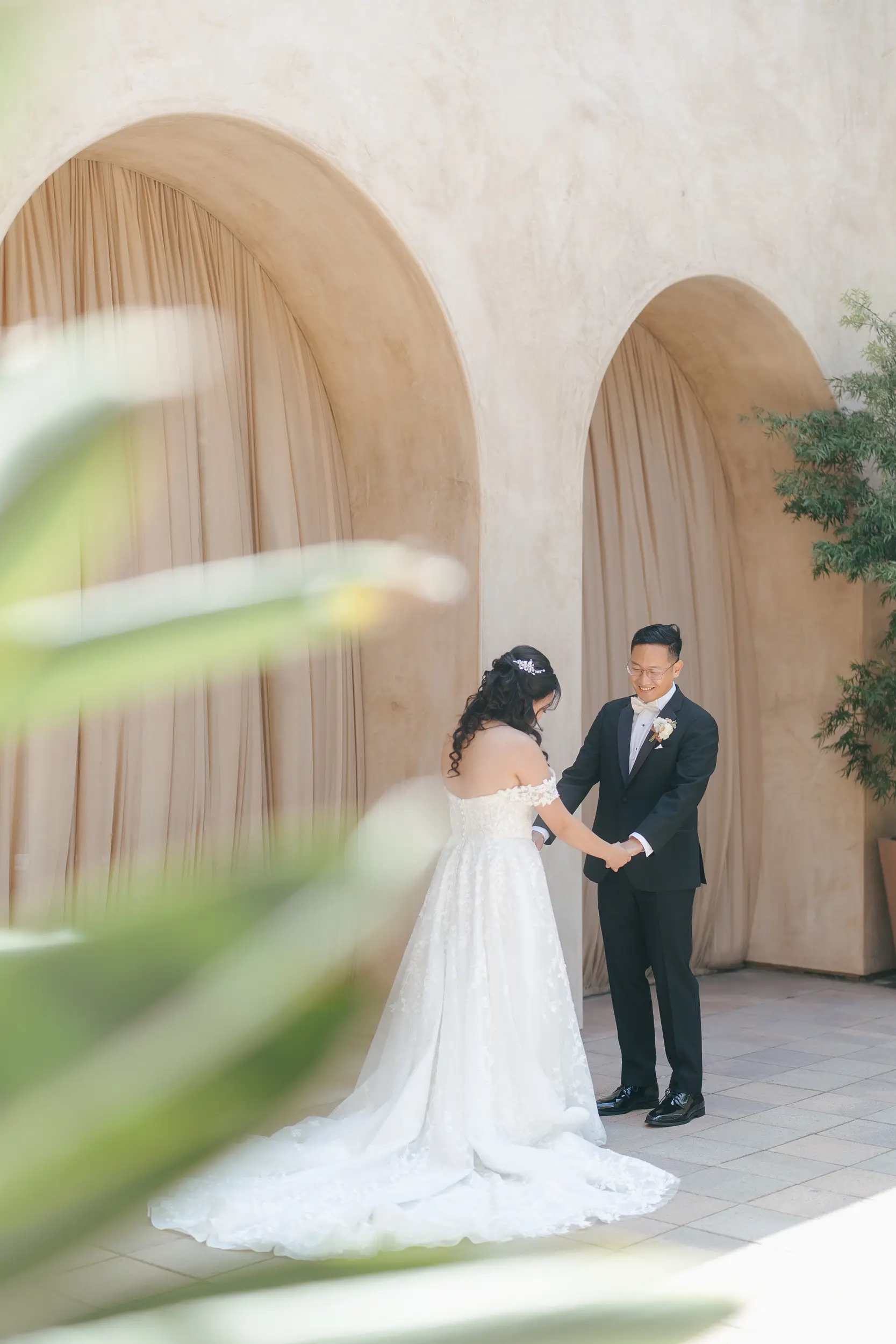 Bride and groom share first look.