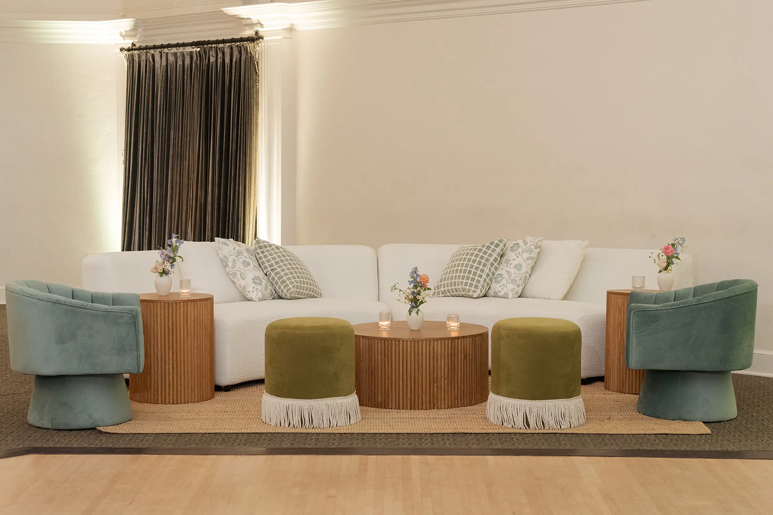 Boho wedding reception lounge.
