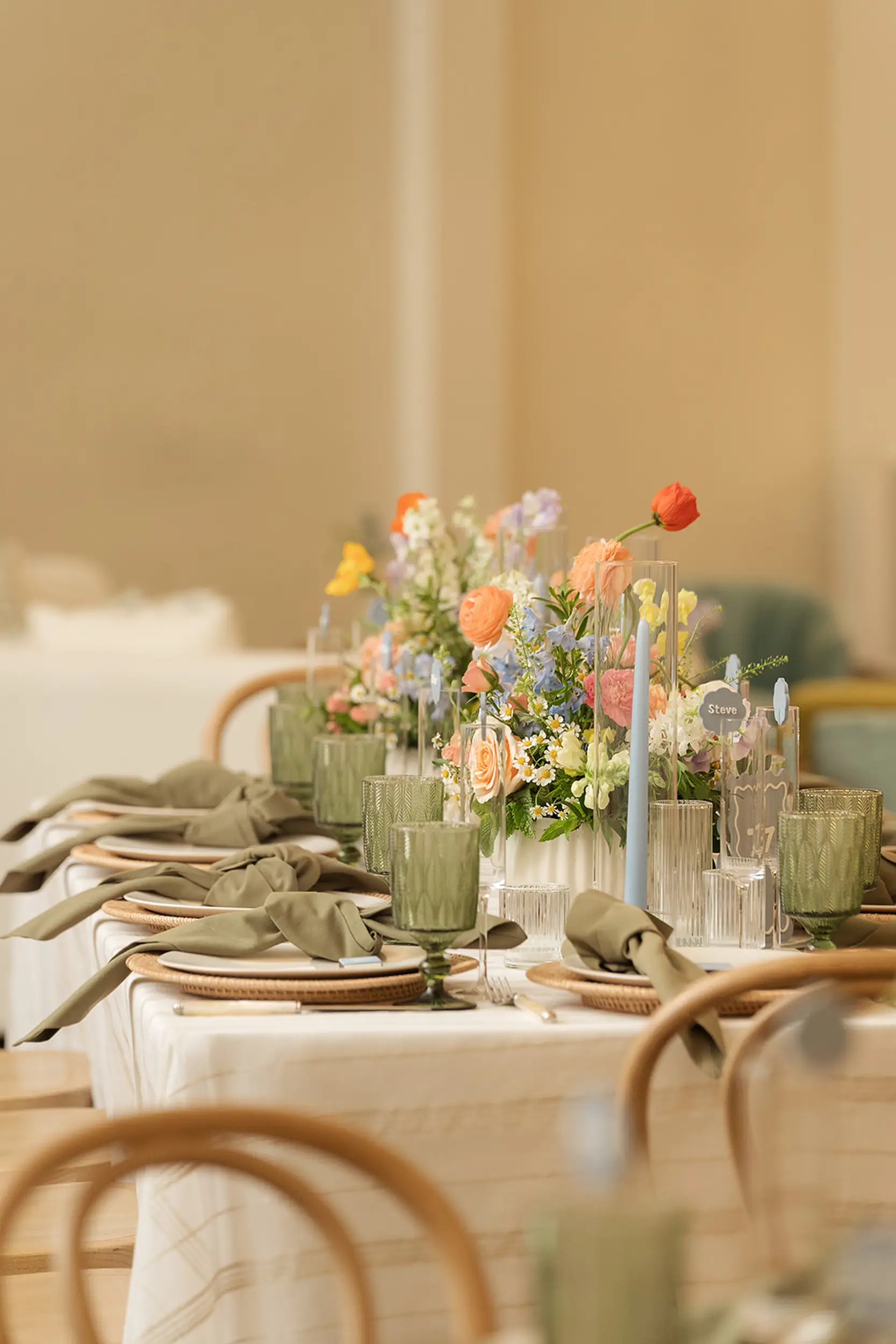 Spring wedding reception tabletop decor.
