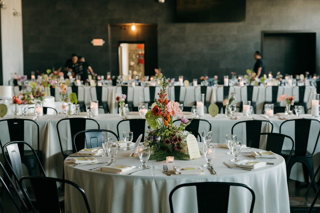 Indoor black and white wedding decor