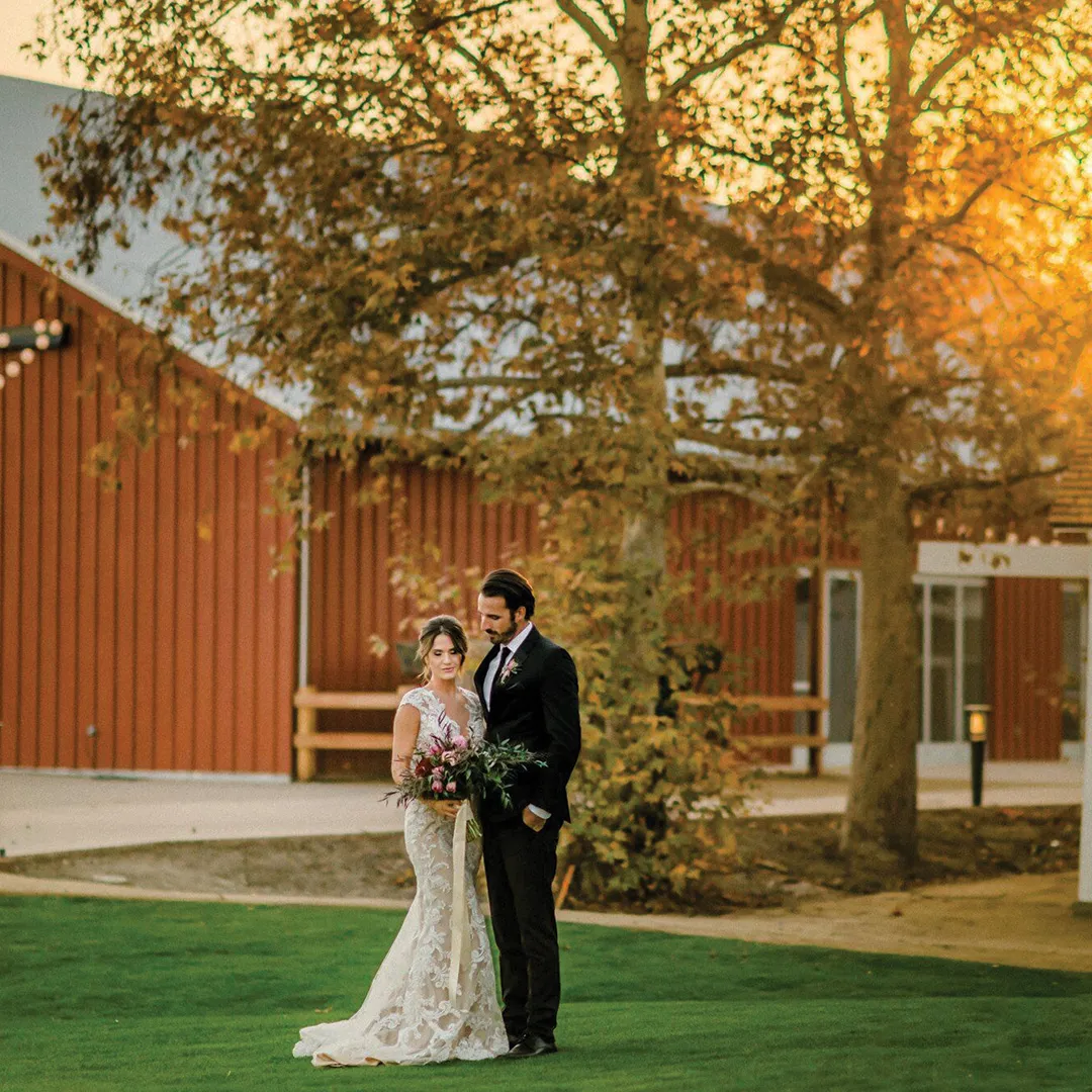 Wedding couple beneath a tree beside the red barn at Aliso Viejo Ranch.