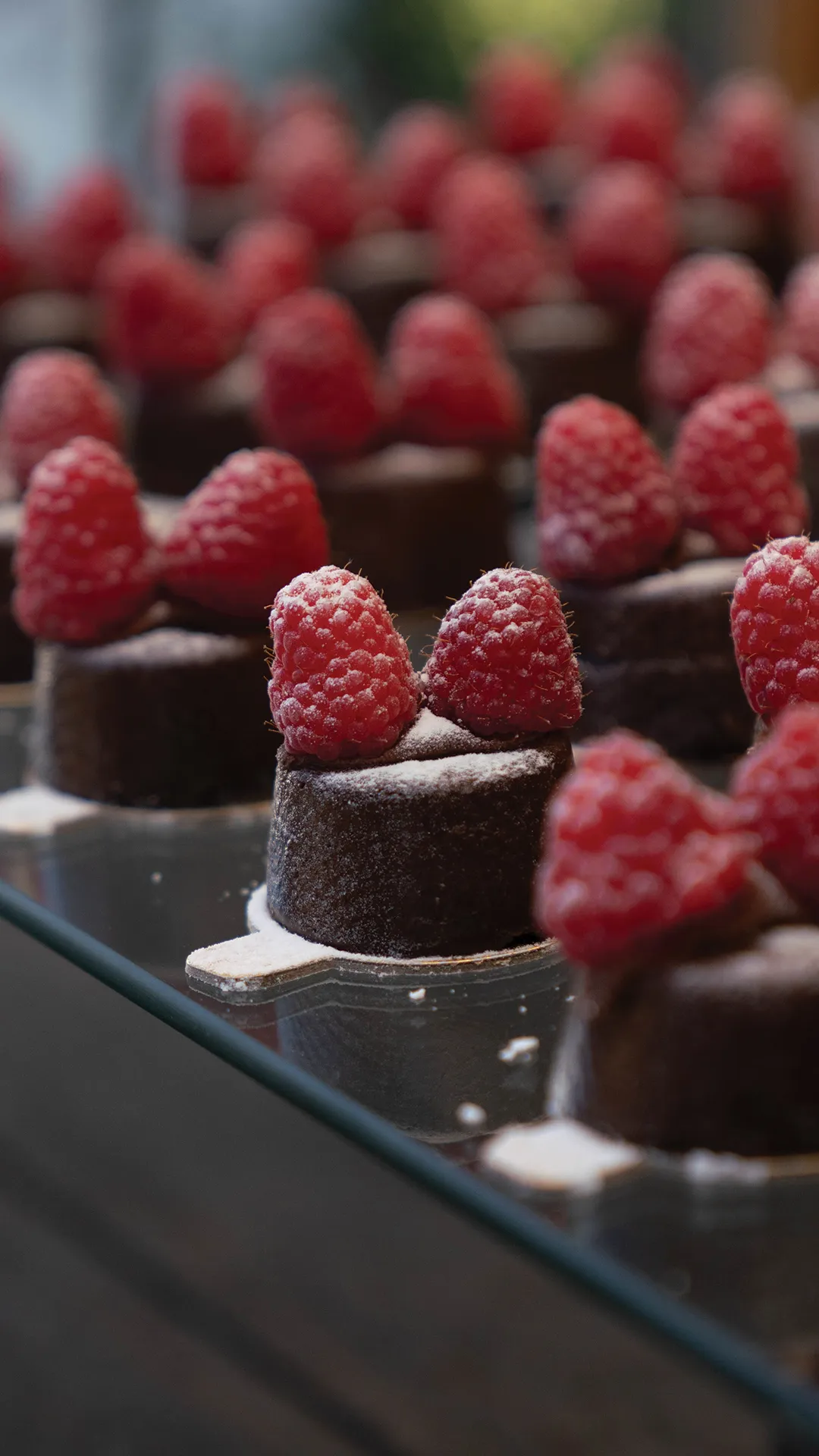 Individual chocolate desserts topped with raspberries.