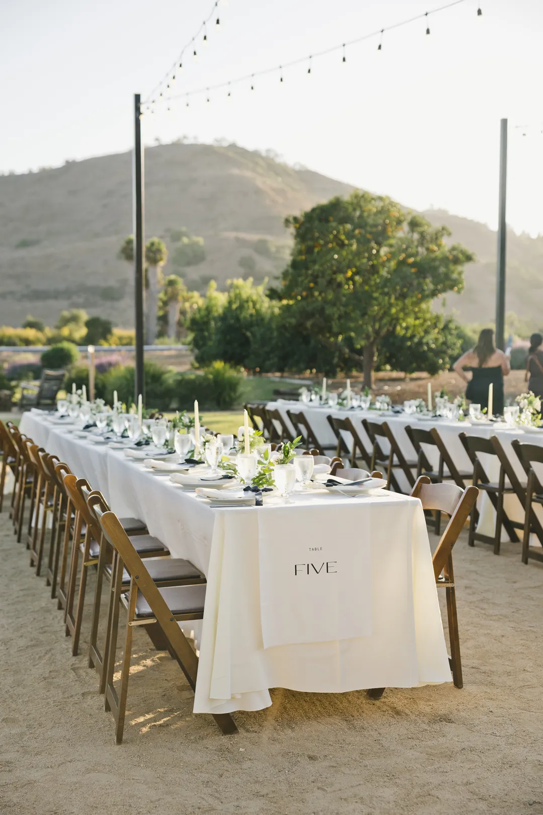 White-linen reception table with wooden chairs and a hills backdrop.