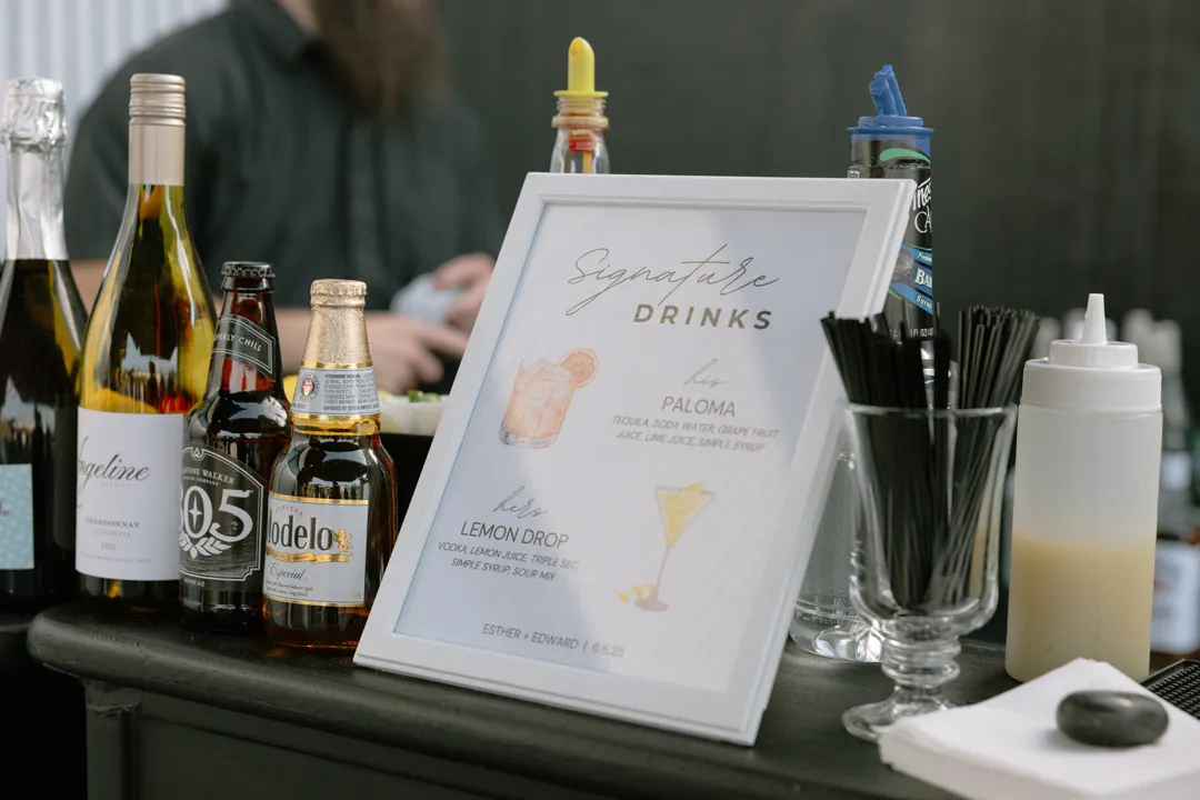Paloma and Lemon Drop signature drink menu at the Hangar 21 South wedding.