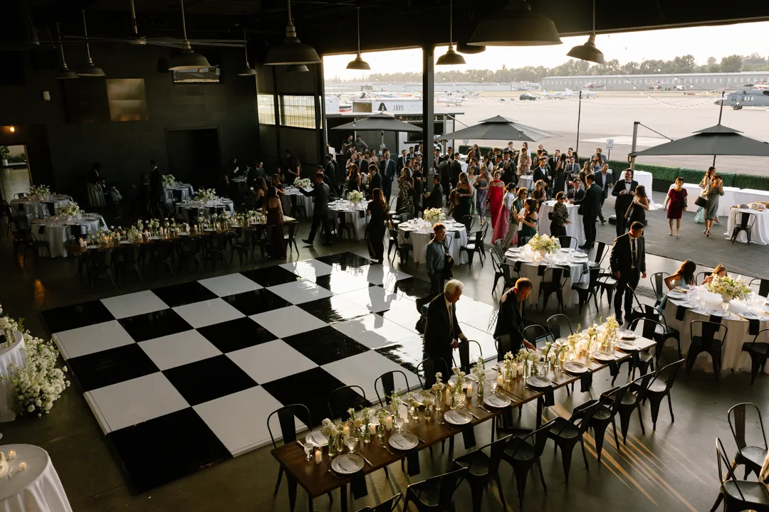 Guests entering Hangar 21 South for the wedding reception.