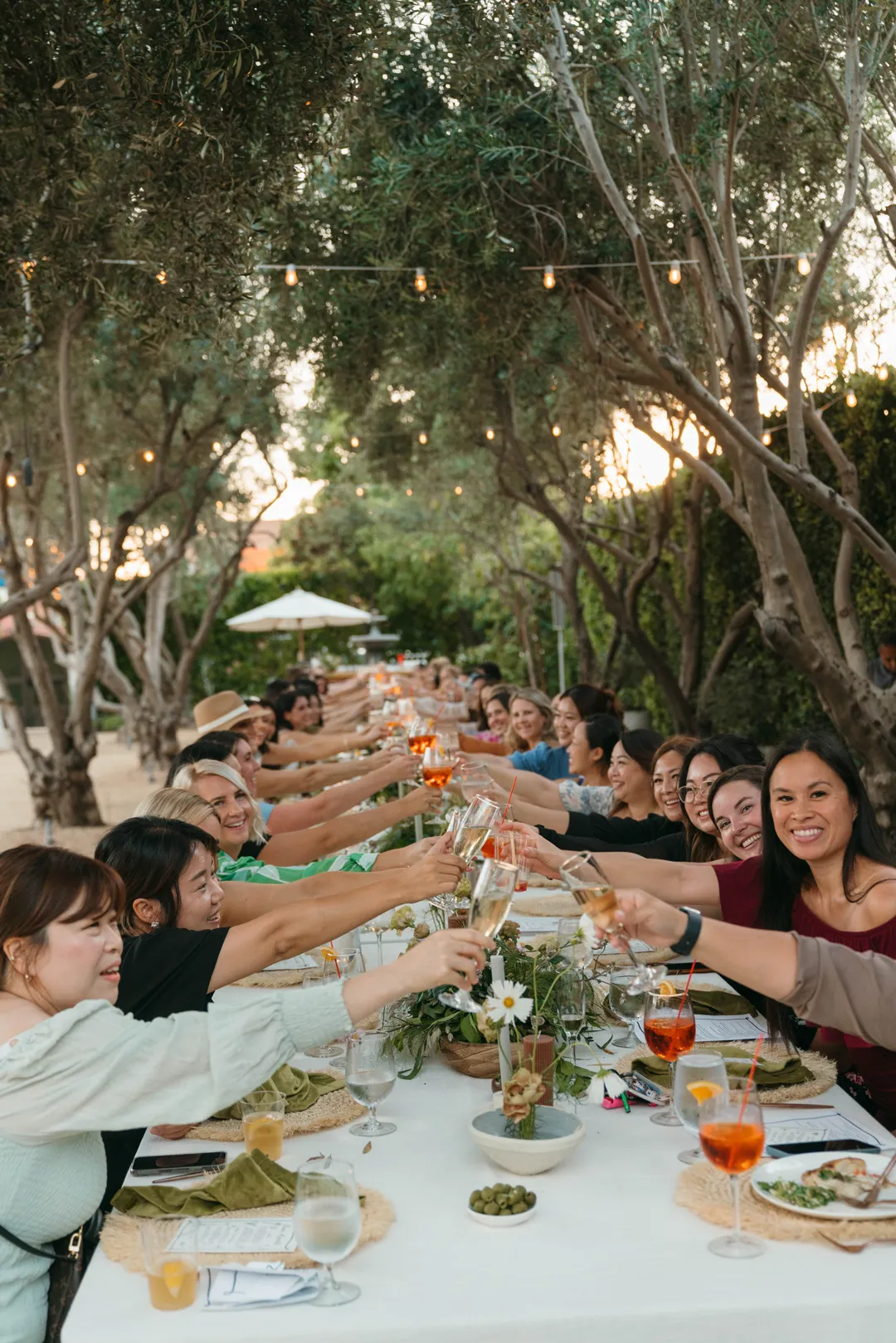 Guests raising their glasses at a long dining table beneath Grand Gimeno's olive trees.