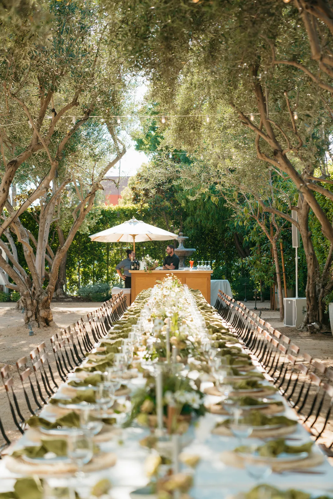 Long table set with white flowers and green napkins in Grand Gimeno's Olive Grove.