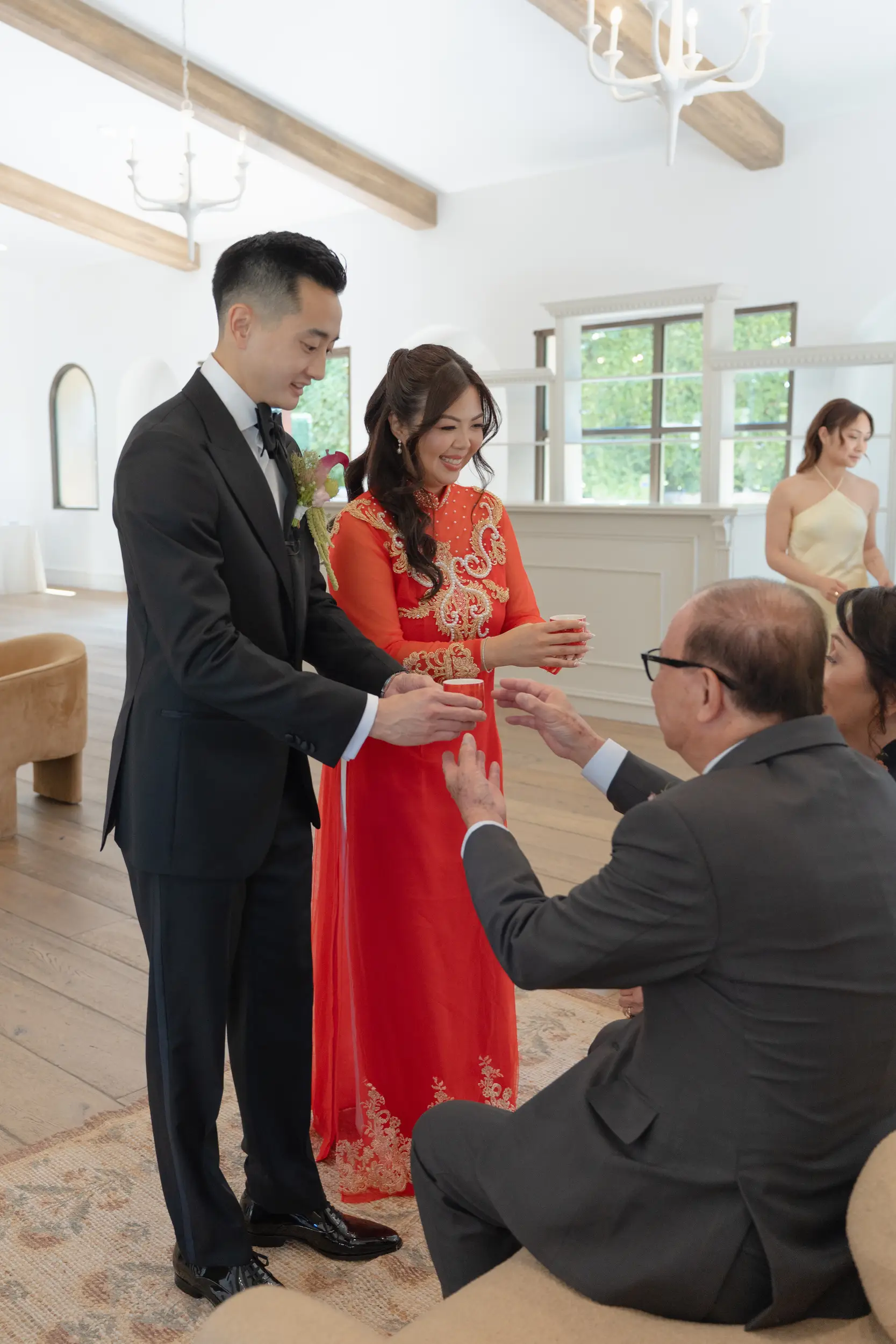 Wedding tea ceremony in Orange County at Serra Plaza.