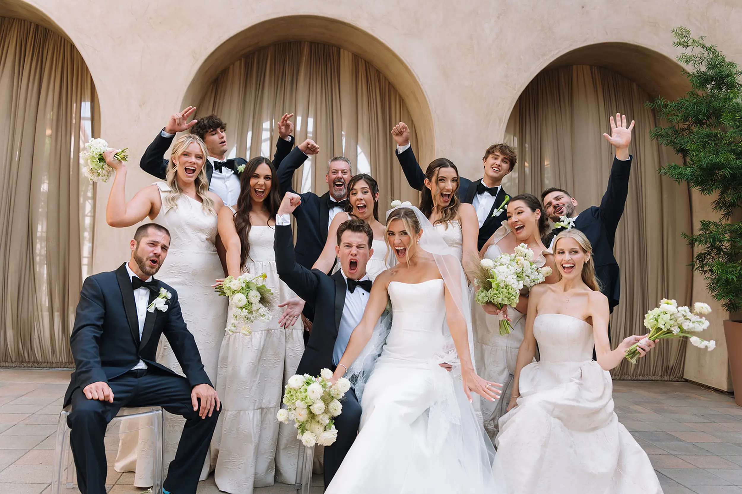 Outdoor summer wedding at Serra Plaza in San Juan Capistrano.