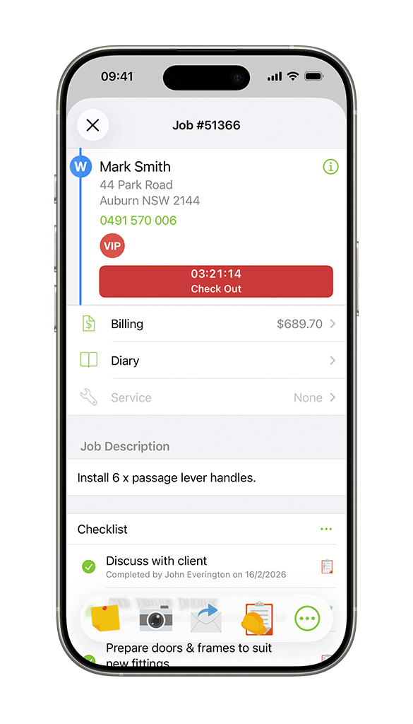 Locksmith job card in ServiceM8 app