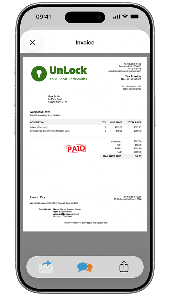 Locksmith Invoice in ServiceM8 app