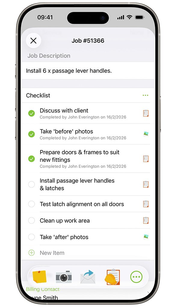 locksmithing job checklist in ServiceM8 app