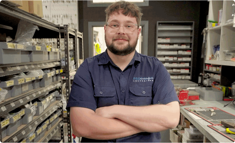 Locksmith smiling with arms crossed in workshop
