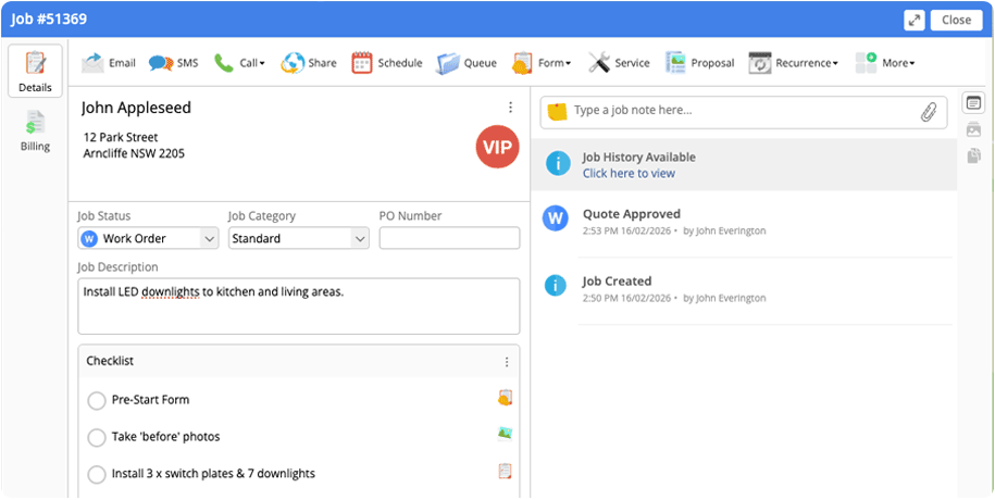ServiceM8 job card of electrical work
