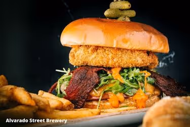 Burger with bacon at Alvarado Street Brewery