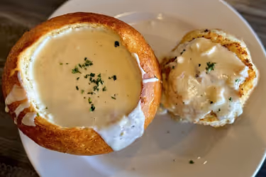 Clam chowder in a bread bowl