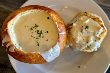 Clam chowder in a bread bowl