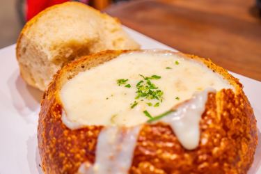 Clam chowder in a bread bowl