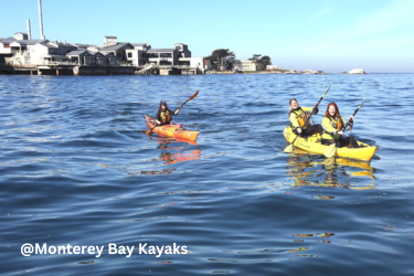 Three people wearing life jackets paddle an orange single kayak and a yellow tandem kayak near waterfront buildings.