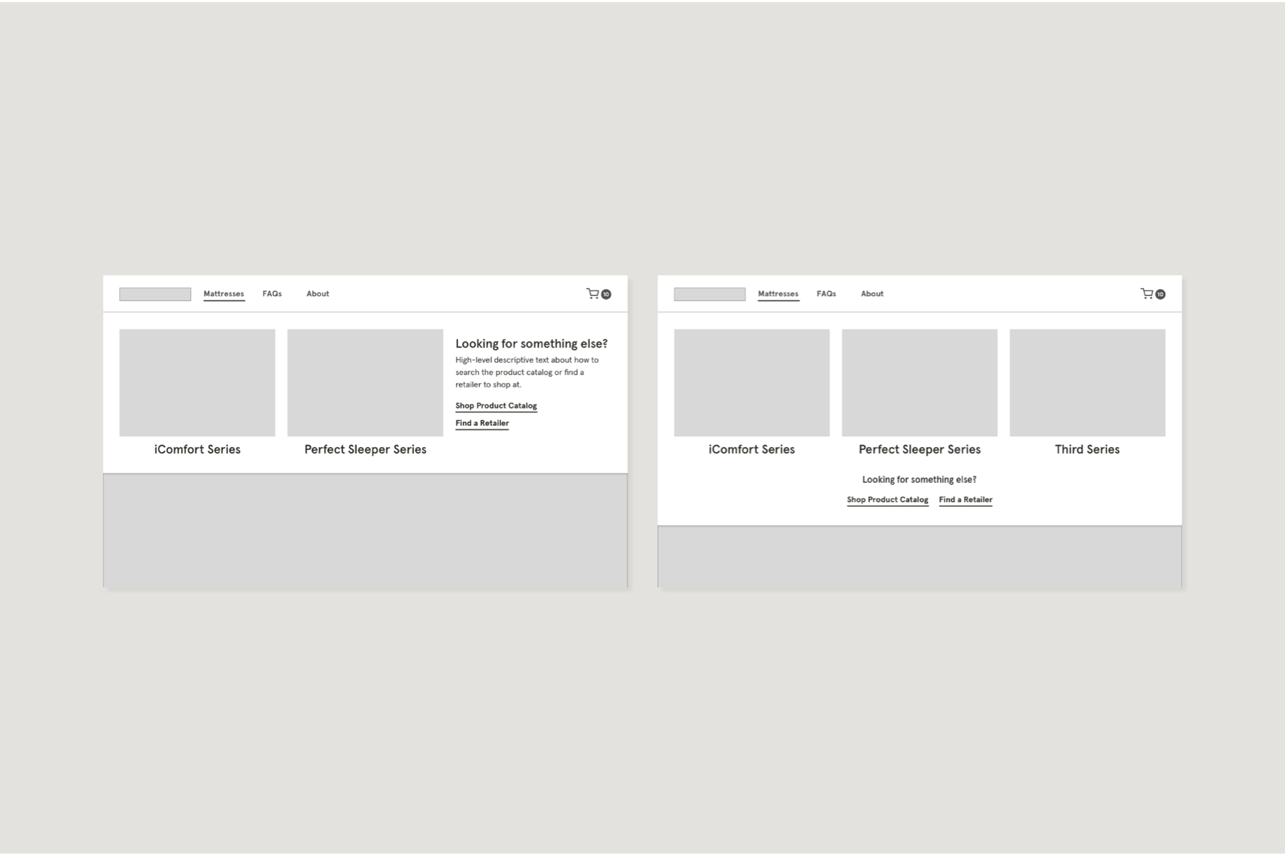 Two desktop wireframes of the navigation menu showing potential future states. In the first, two of the columns have an image with a label below, and the third column has descriptive text with two text links. In the second, all columns have an image with a label below it. Below the three columns, there is a section with two text links.