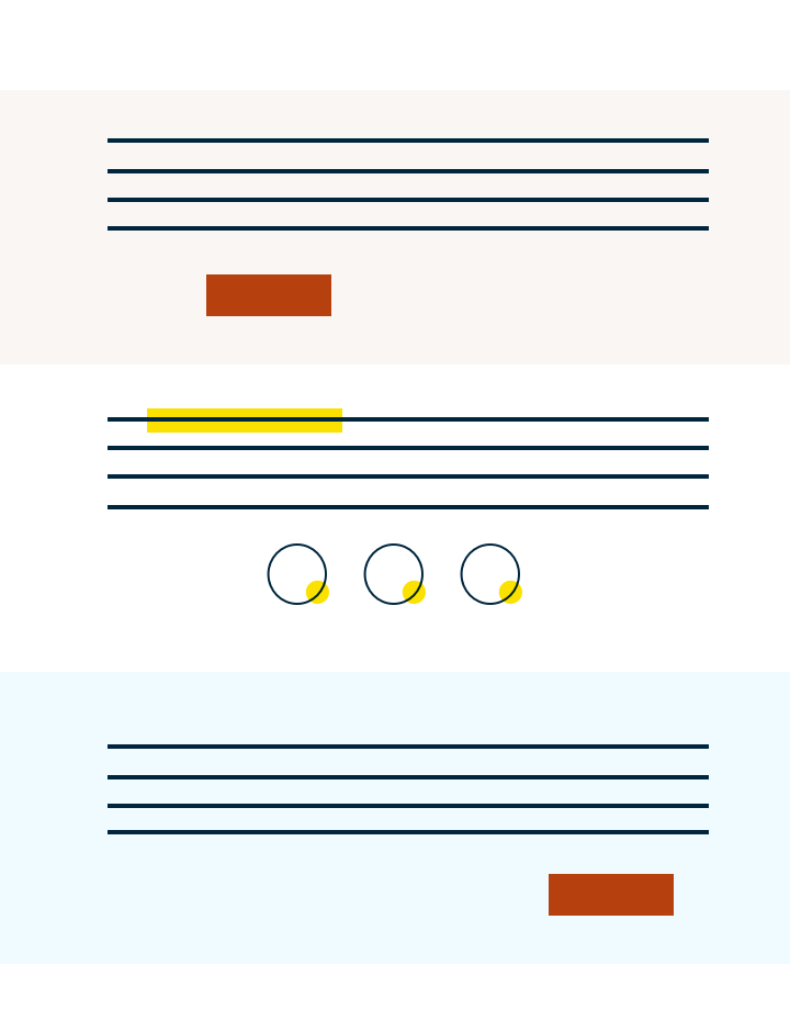 Abstract diagram of a page layout showing Serta's new colors being used as section backgrounds and CTAs.