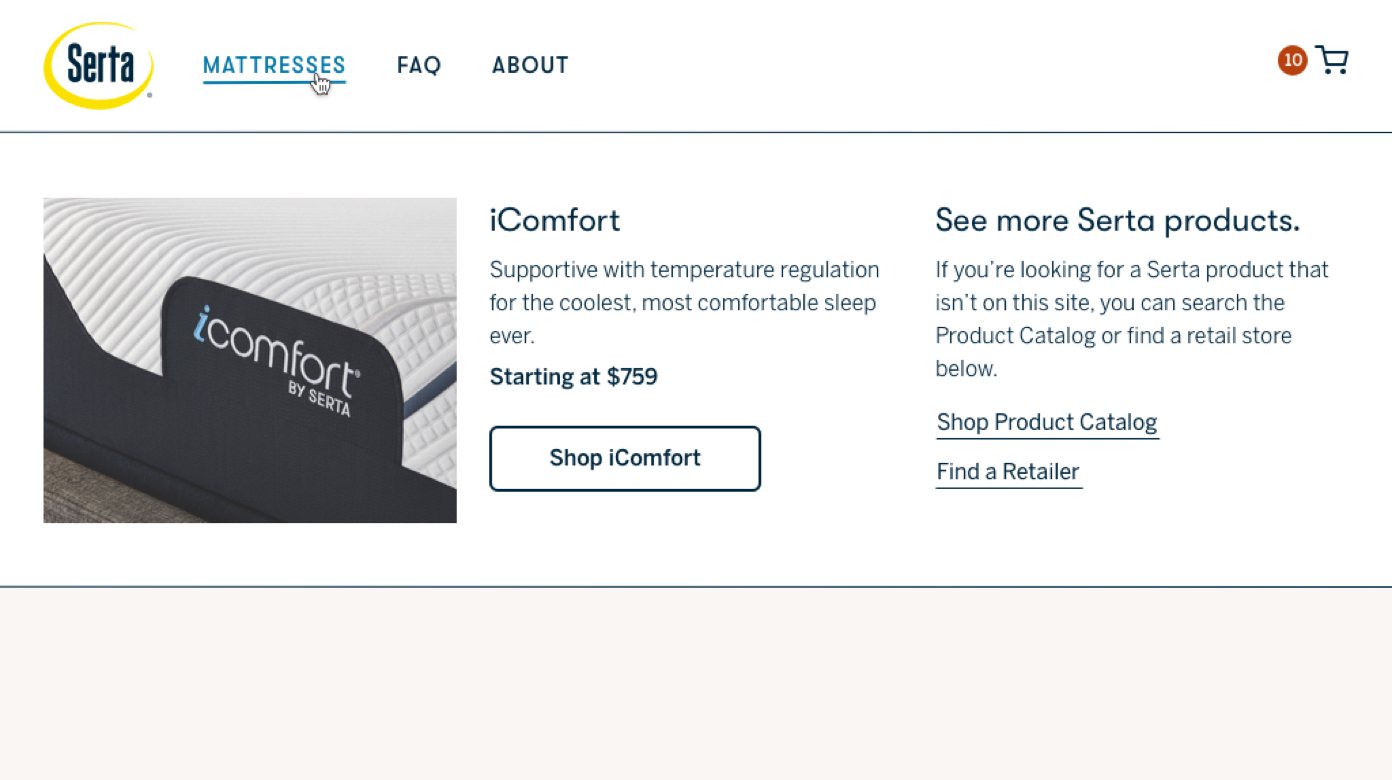 Desktop comp of new Serta navigation. Two of the three columns are dedicated to the iComfort.