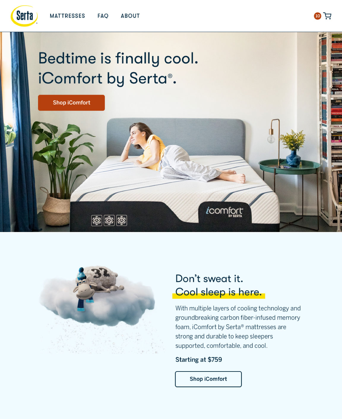 New Serta homepage hero featuring a woman laying on a bed inside of a bedroom. The section below the hero features an image of a sheep floating on a cloud on a blue background with descriptive text.