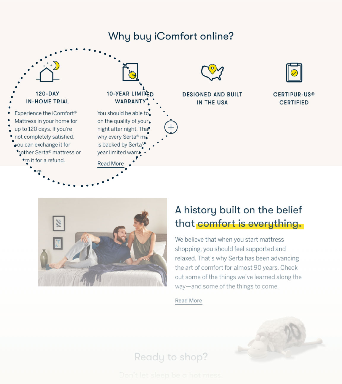 Value props section on new Serta homepage. Four custom icons with titles below and expandable content.