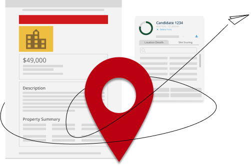 Sitematch graphic that contains a listing PDF and location card wrapped together by a paper airplane