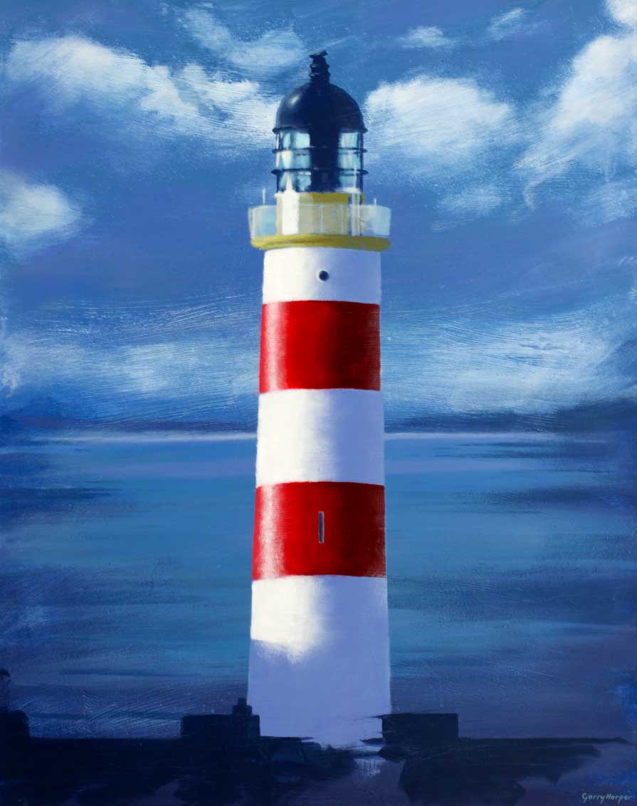painting of tarbart ness lighthouse with clouds behind