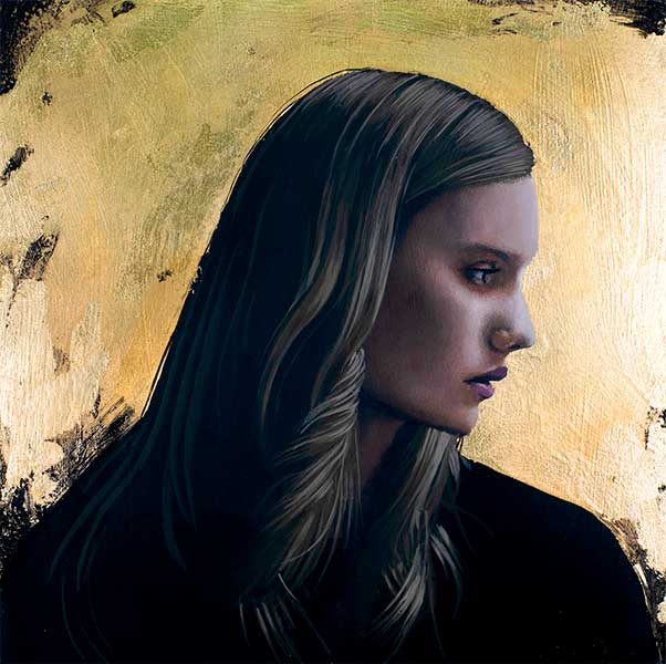 Side portrait of a woman on gold.