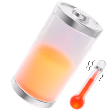 3D illustration of a battery with a glowing orange core and a thermometer showing a high temperature in red.