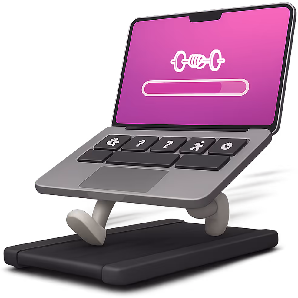 Cartoon laptop with legs running on a treadmill, screen shows a barbell icon and progress bar on a pink background.