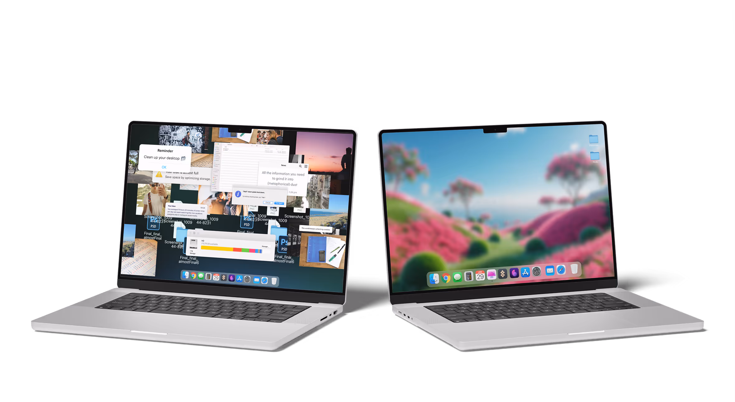 Two open silver MacBook laptops side by side, one showing a cluttered desktop with multiple overlapping windows, the other displaying a colorful blurry landscape wallpaper.