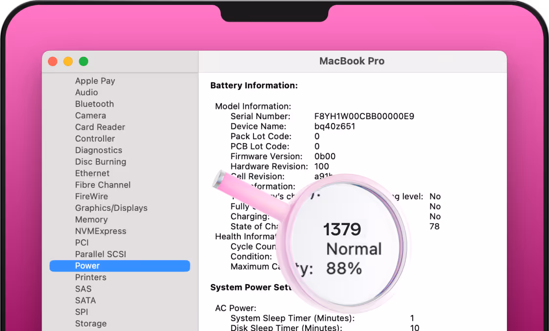 MacBook Pro screen showing system report with Power section selected and a magnifying glass highlighting battery cycle count as 1379, status as Normal, and battery capacity at 88%.