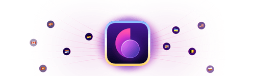 App icon at center with lines connecting to flags of various countries around it on purple background.