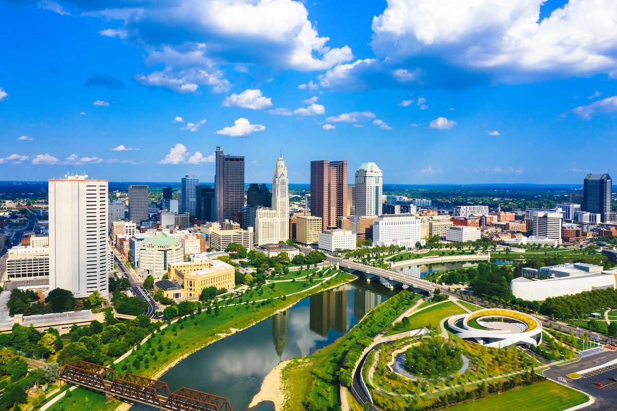 Aerial view of the Downtown Columbus, Ohio skyline along the Scioto River