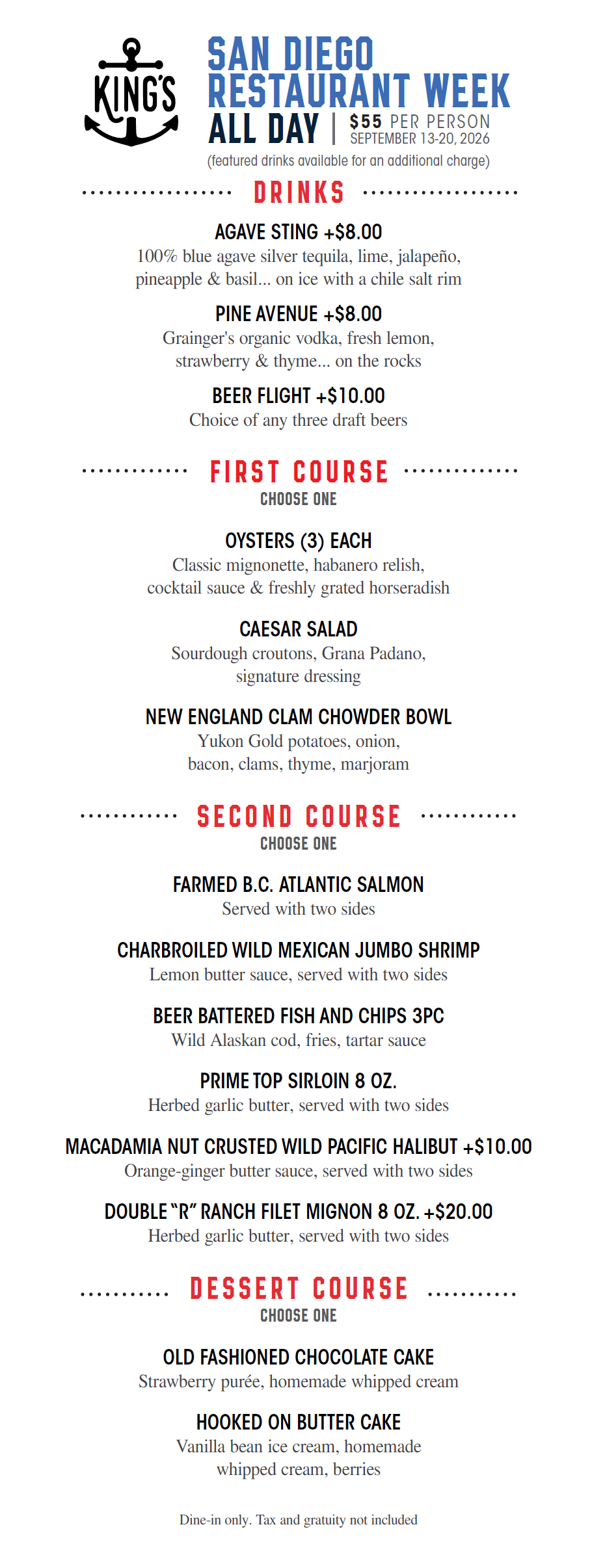 King's Fish House SDRW| $55 Per Person  