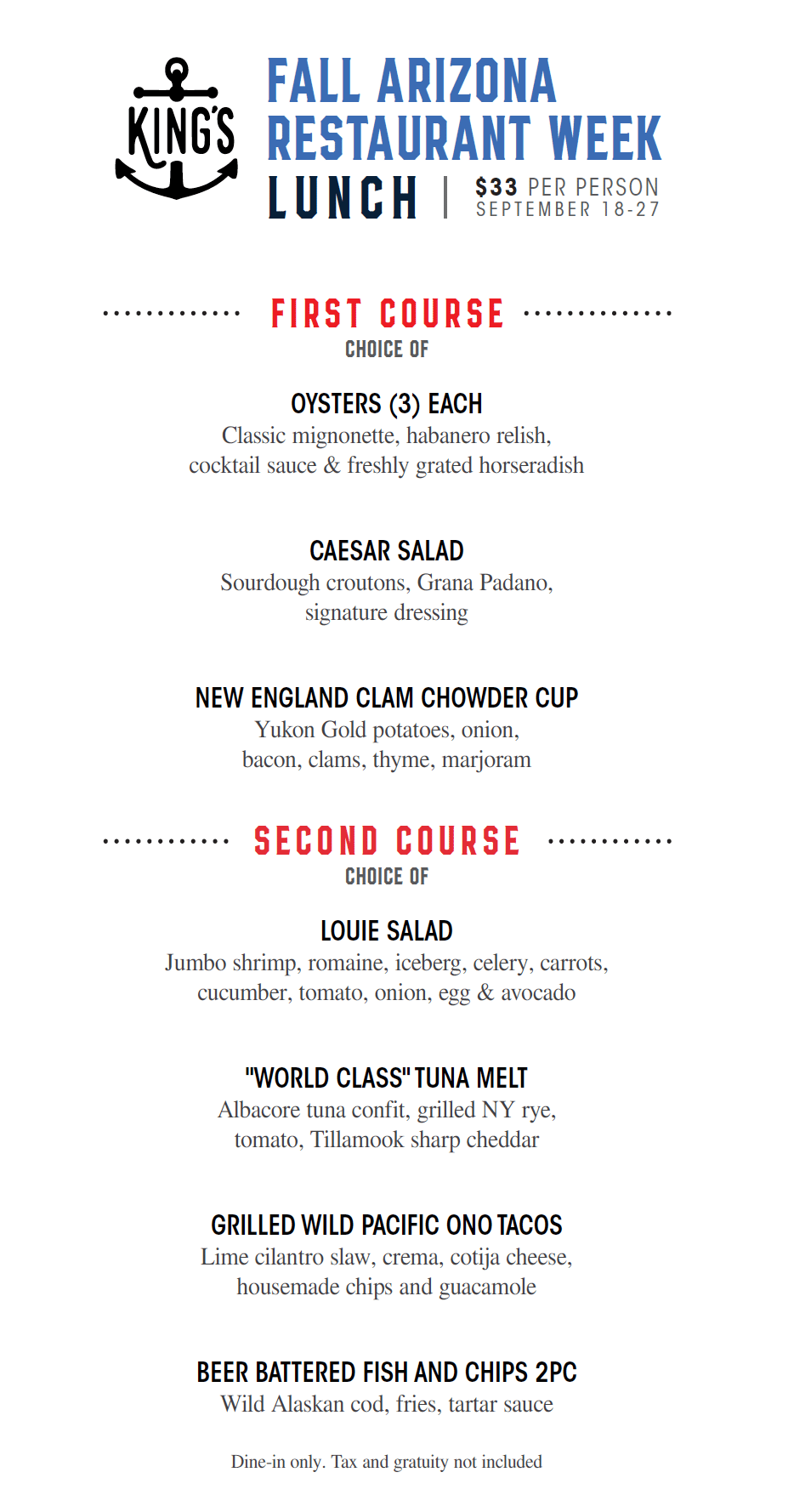 King's Fish House Tempe - Restaurant Week Menu | $55 Per Person | May 15-24 