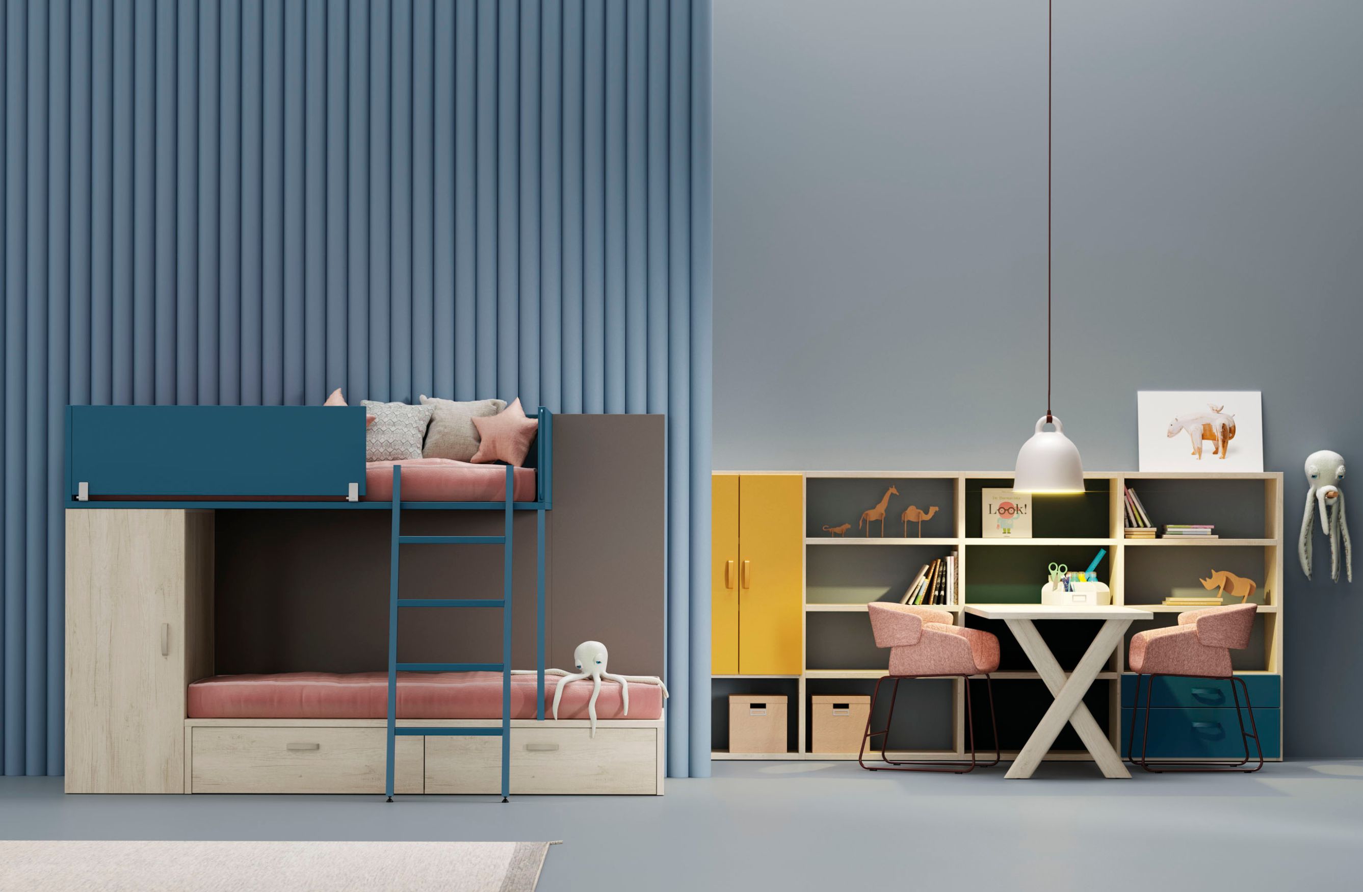 El módulo de apoyo puede estar equipado con puertas o con cajones, y el módulo inferior puedes configurarlo con los cajones que desees o si lo prefieres, una tercera cama de arrastre.