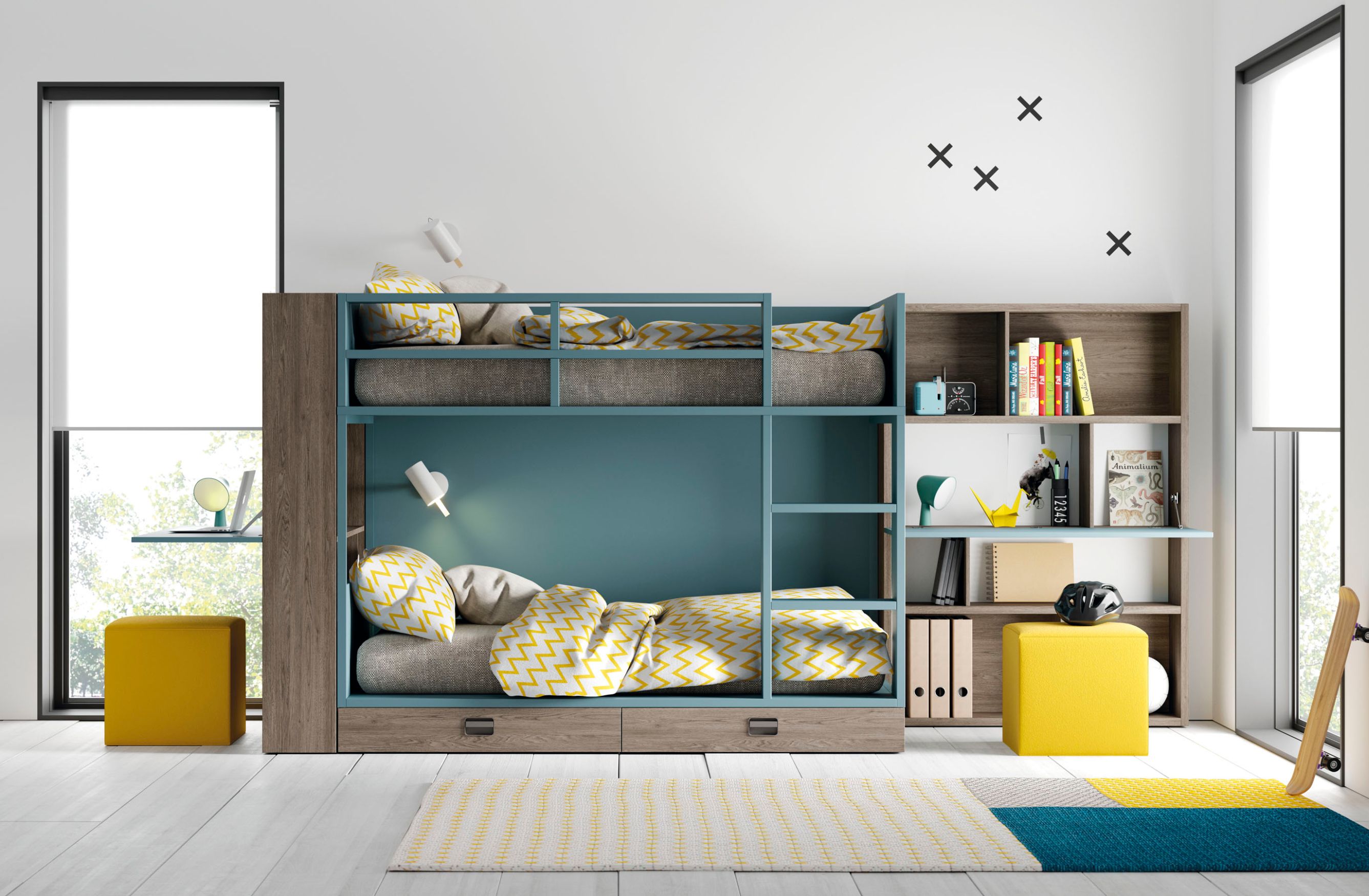 En esta composición se ha colocado una estantería en el lateral que hace a su vez de escritorio.