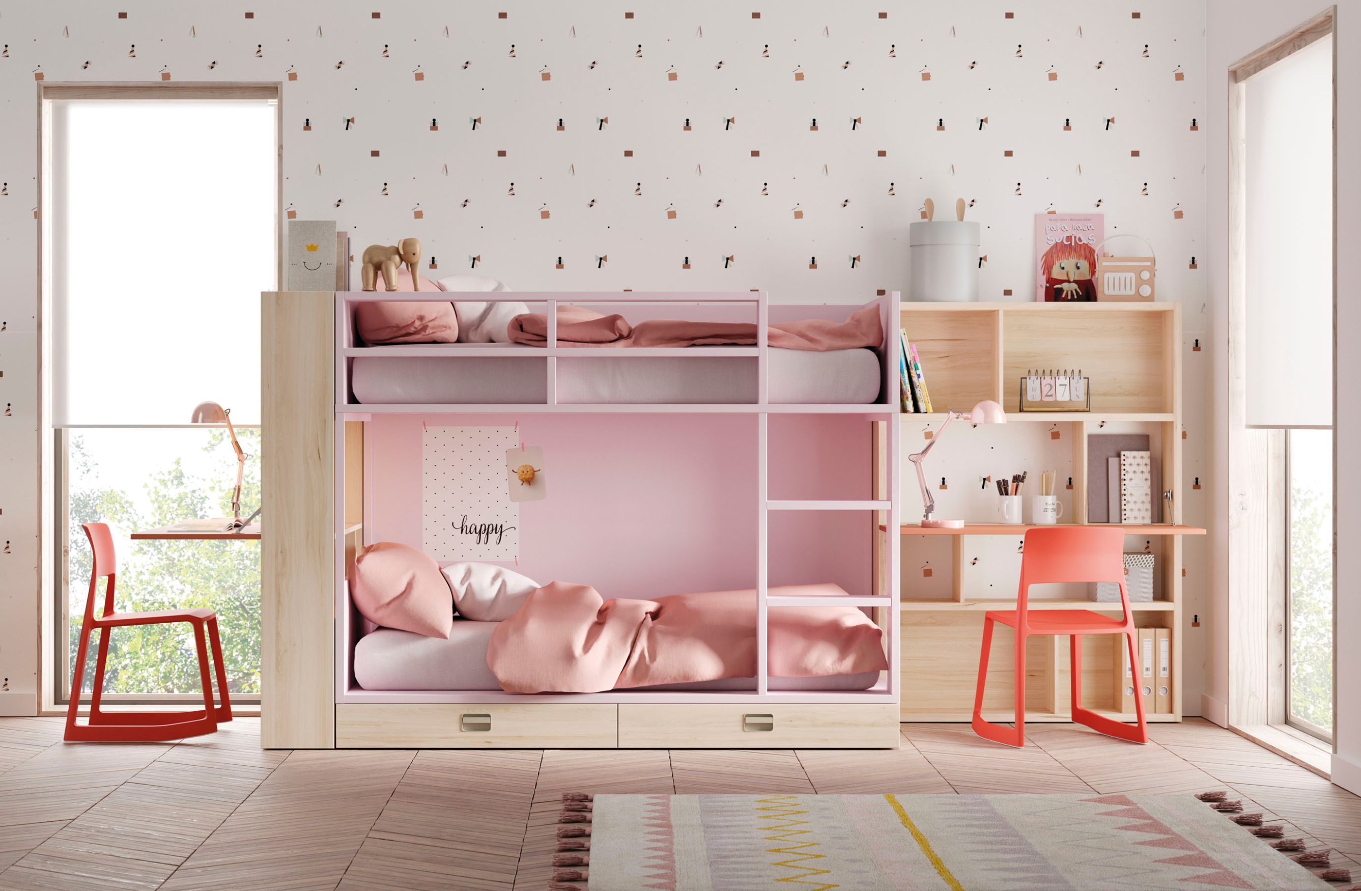 Robusta y práctica a la vez. La gran ventaja de esta litera flat es su escalera de tablero laminado con una profundidad de 17 cm.