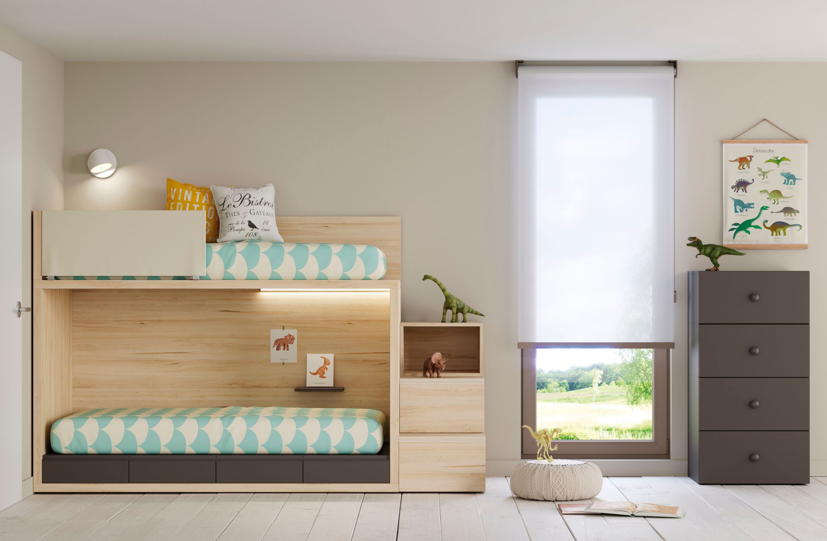 Litera en madera natural, que integra dos camas alineadas y luz led incorporada para mayor confort. El conjunto se completa con módulos de almacenaje en tono gris.