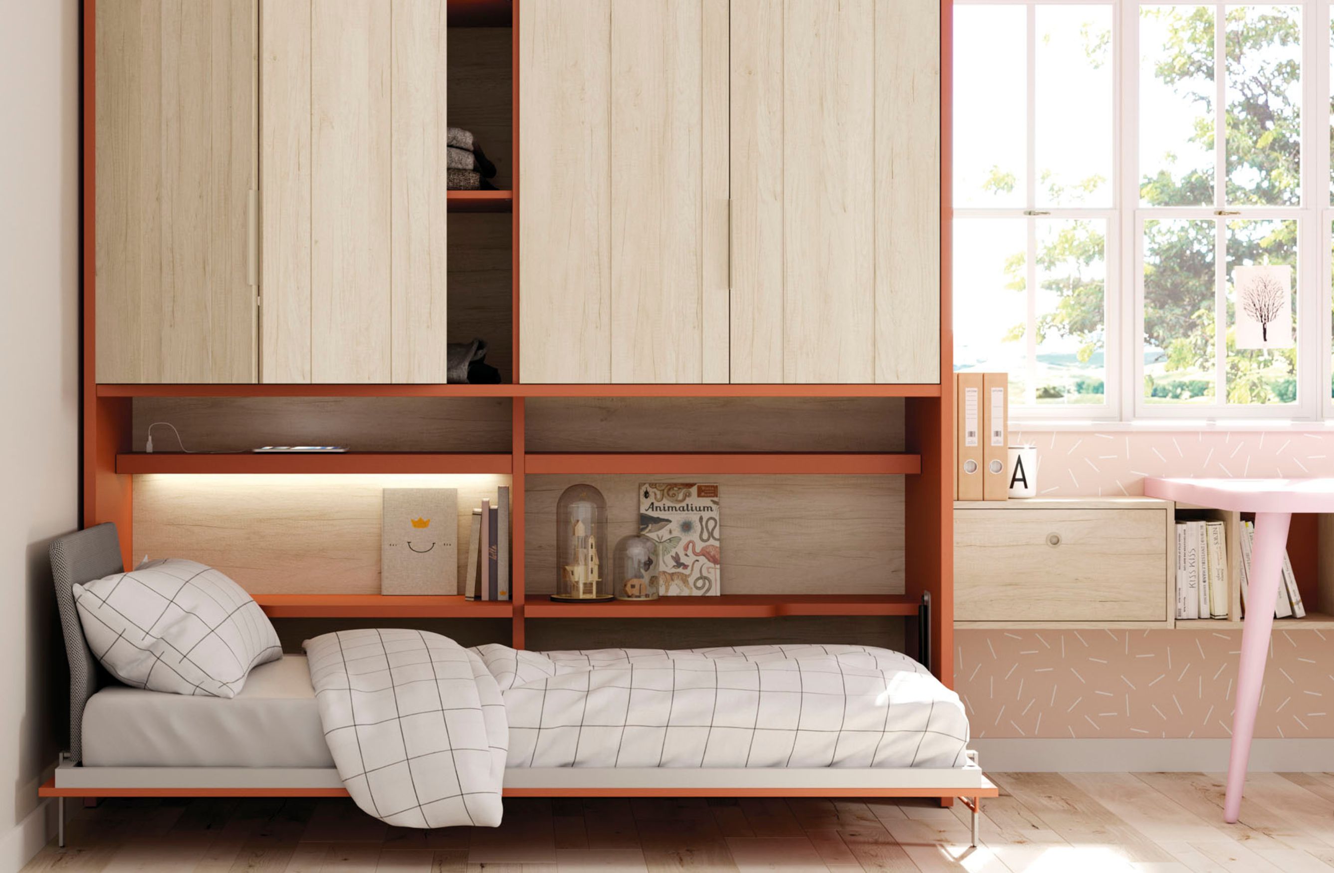 En esta configuración tenemos una cama abatible incorporada a un armario. De esta forma aprovechamos en un mismo lugar para tener tanto un lugar para almacenar como un lugar para dormir.