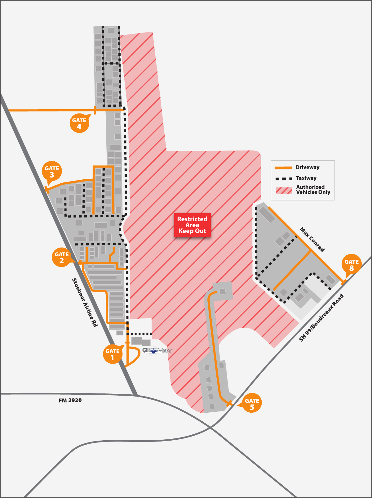 Map of David Wayne Hooks Airport showing entrance gates 1, 2, 3, 4, 5 and 8
