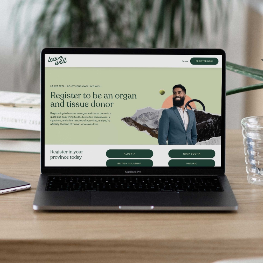 The Leave Well campaign website mocked up on a lifestyle photo of a laptop on a desk.
