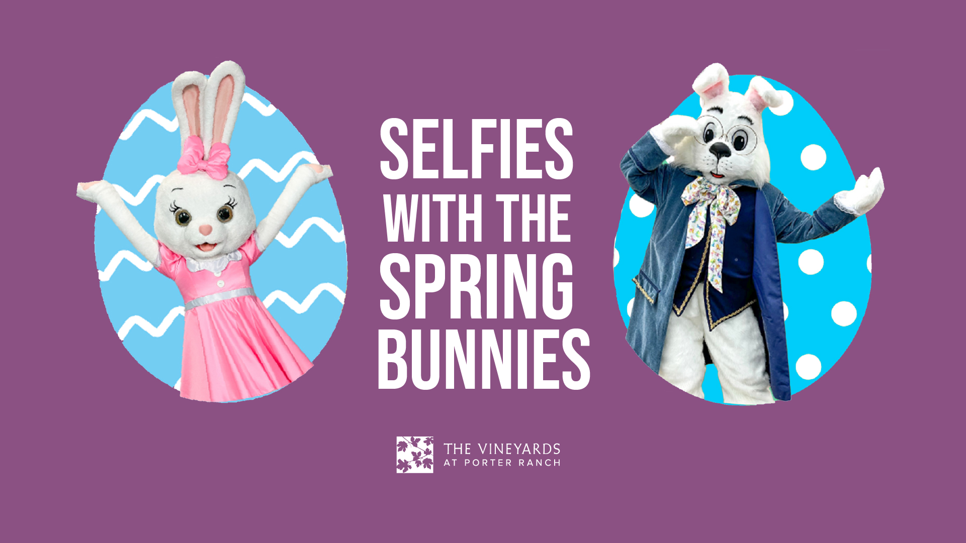 The Spring Bunnies will be hopping around The Vineyards. Bring the whole family and enjoy!Complimentary balloon twists for the kids while supplies last.