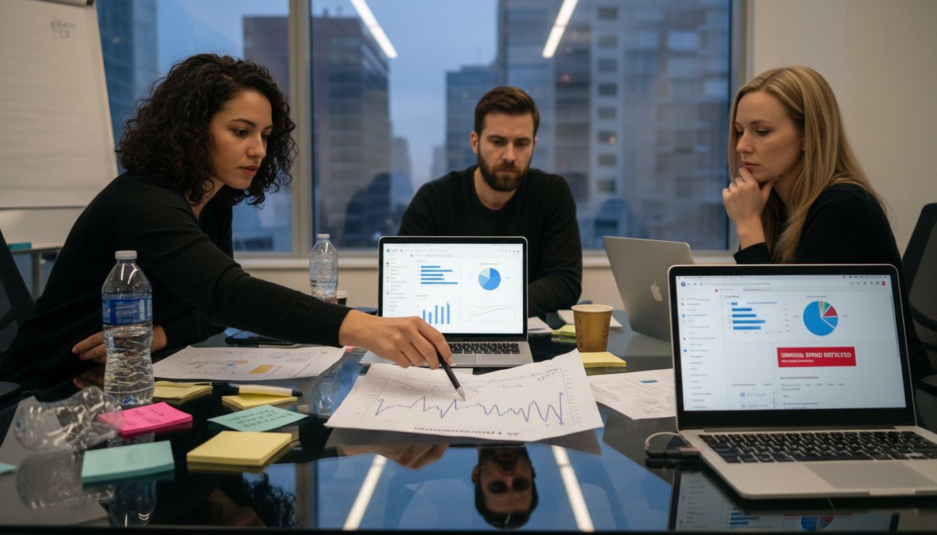 Team reviewing confusing ad campaign charts